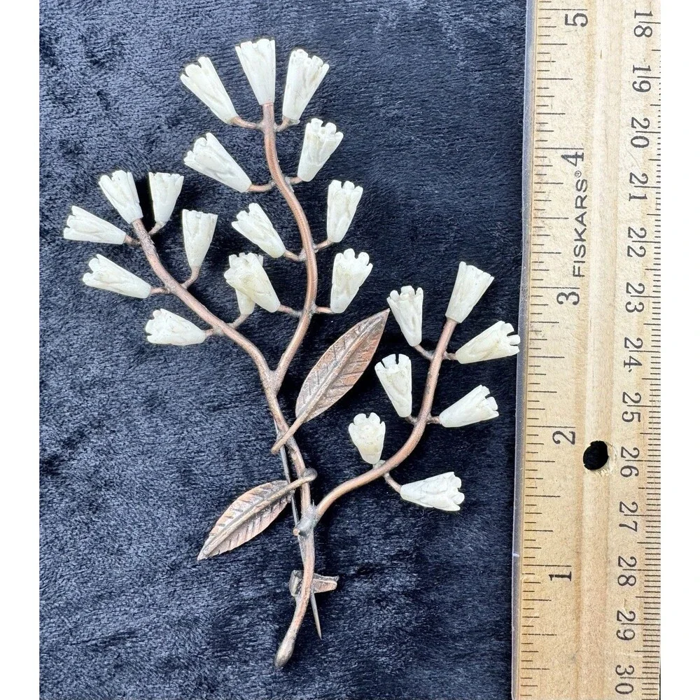 Antique Celluloid Brooch Copper Floral Branch Large Artisan 4.5”